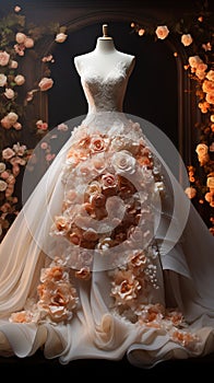 Elegance personified A wedding dress framed by a stunning floral bouquet backdrop