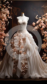 Elegance personified A wedding dress framed by a stunning floral bouquet backdrop