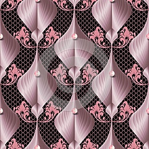 Elegance pink floral 3d vector seamless pattern. Ornamental textured lace background. Surface abstract line art flowers, leaves.