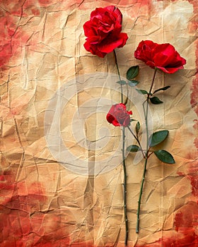 Elegance of Red Roses Beautiful Flower Arrangement of Dramatic Red Roses on Antique Wrinkled Paper Background, Perfect for