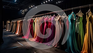 Elegance in a row: Multi colored garments hanging on coathangers generated by AI