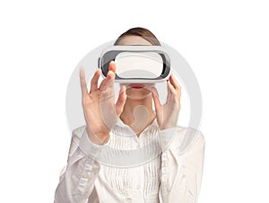Elegance strict business style woman with red lips using VR glasses