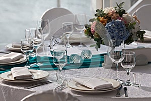 Elegance table set up for wedding in the restaurant