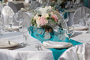 Elegance table set up for wedding in the restaurant