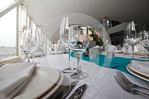 Elegance table set up for wedding in the restaurant