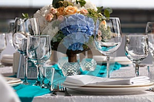 Elegance table set up for wedding in the restaurant