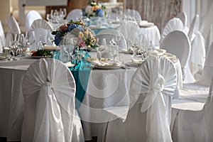 Elegance table set up for wedding in the restaurant