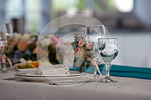 Elegance table set up for wedding in the restaurant