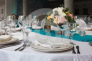 Elegance table set up for wedding in turquoise