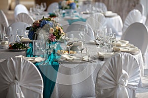 Elegance table set up for wedding in turquoise