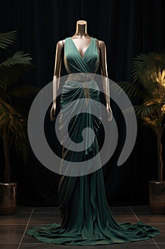Elegance unveiled: a captivating display of a beautiful, luxurious evening gown gracefully adorning a mannequin