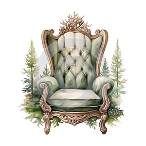 Elegance vintage chair with forest floral decoration. Watercolor style illustration on a white background.