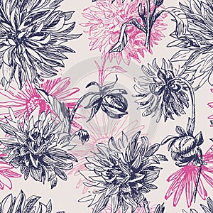 Elegance vintage dahlia flowers seamless pattern