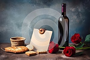 Elegance and Warmth: Blank Letter, Rose, Wine Bottle, Cookies, and Candles (AI Generated)