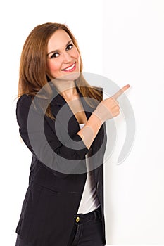 Elegance woman pointing at blank banner.