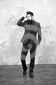 Elegancy and male style. Businessman or host fashionable outfit grey background. Fashion concept. Classy style. Man photo