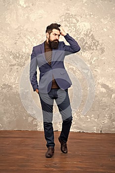 Elegancy and male style. Businessman or host fashionable outfit grey background. Fashion concept. Classy style. Man