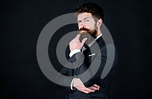 Elegancy and male style. Fashion concept. Guy wear formal outfit. Businessman fashionable outfit black background