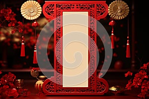 Elegant 3D banner with Chinese scripture, hanging cracker, festive coin