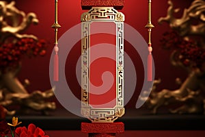 Elegant 3D banner with Chinese scripture, hanging cracker, festive coin