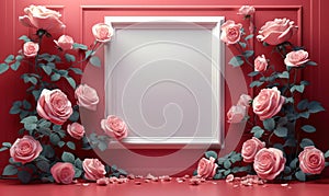 Elegant 3D rendering of a blank white frame adorned with delicate pink roses on a vibrant red background, perfect for romantic and