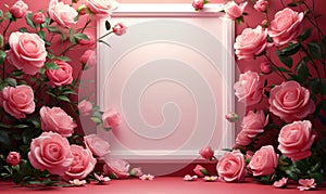 Elegant 3D rendering of a blank white frame adorned with delicate pink roses on a vibrant red background, perfect for romantic and