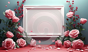Elegant 3D rendering of a blank white frame adorned with delicate pink roses on a vibrant red background, perfect for romantic and
