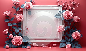 Elegant 3D rendering of a blank white frame adorned with delicate pink roses on a vibrant red background, perfect for romantic and