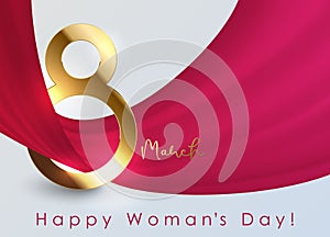 Elegant 8 March banner with gold 3d number 8 and flying pink red cloth ribbon on white background. March gold line luxury