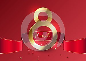 Elegant 8 March banner with gold 3d number 8 and red ribbon on red background. March gold line luxury text, red golden beads.