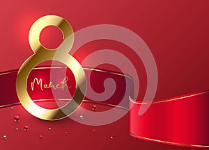 Elegant 8 March banner with gold 3d number 8 and red ribbon on red background. March gold line luxury text, red golden beads.