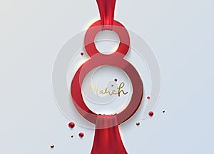 Elegant 8 March banner with red 3d number 8 and red ribbon on white background. March gold line luxury text, red golden beads.