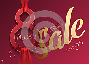 Elegant 8 March sale banner with red 3d number 8 and red ribbon on pink magenta background. Sale limited time special offer gold