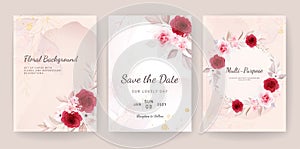 Elegant abstract background. Wedding invitation card template set with floral and gold watercolor decoration for save the date,