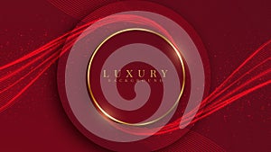Elegant abstract gold and line neon light background with shiny elements red shade. Realistic Japanese luxury paper cut style 3d m