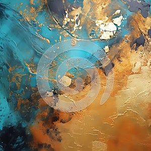 Elegant Abstract Painting With Teal, Gold, And Orange
