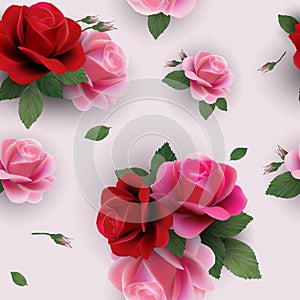 Elegant abstract seamless floral pattern with red and pink roses