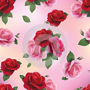 Elegant abstract seamless floral pattern with red and pink roses