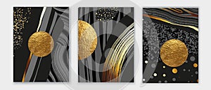 Elegant abstract wall art triptych. Composition in black, white, grey, gold. Space, planet concept. Stones shapes. photo