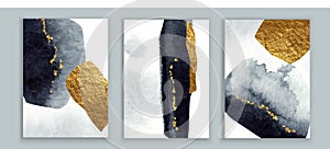 Elegant abstract watercolor wall art triptych. Composition in black, white, grey, gold. Modern design for print, card, photo