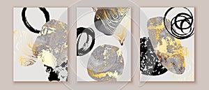 Elegant abstract watercolor wall art triptych. Composition in black, white, grey, gold. Modern design for print, card photo