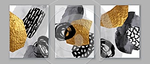 Elegant abstract watercolor wall art triptych. Composition in black, white, grey, gold. Modern design for print, card photo