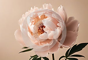 Elegant aesthetic peony flower with sunlight shadows on neutral peachy beige background