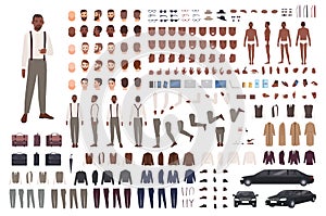 Elegant African American guy creation set or DIY kit. Bundle of body parts, clothing, faces, poses, accessories. Male