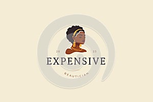 Elegant African woman in golden fashion earrings necklace logo design template vector flat