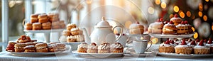 Elegant afternoon tea setup with teapot and pastries