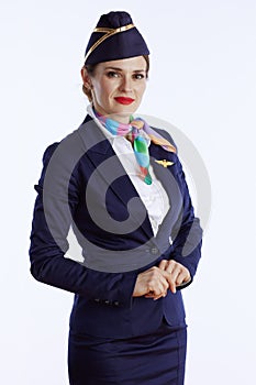 elegant air hostess woman on white in uniform