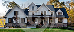 Elegant American Home with Vinyl Siding and Brick Detail. Concept Home Decor, Exterior Design,