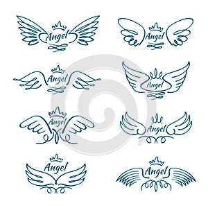 Elegant angel flying wings. Hand drawn wing tattoo vector design collection