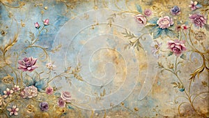 Elegant antique floral design with swirling gold accents on a textured background. Generative AI